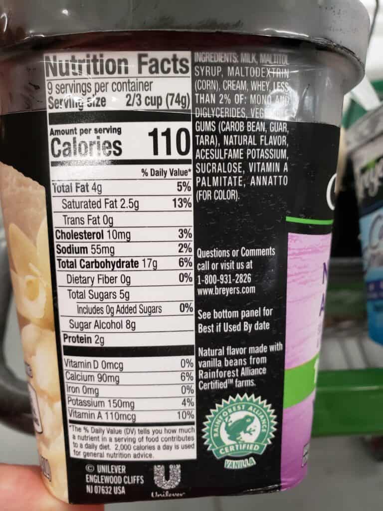 Breyers No sugar added ice cream label