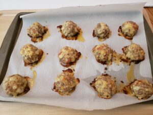 Keto Sausage Pizza Bites on baking pan