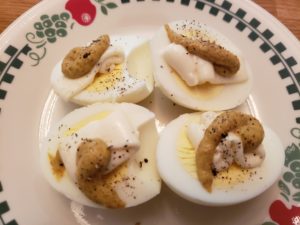 salt and pepper added to each egg so now they are now Lazy Deviled Eggs